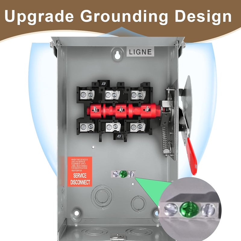 FixOasis 【Upgrade】 3P 60 Amp Disconnect,Disconnect Switch,Add Ground Design,Non-Fusible,NEMA 3R Standard,Heavy Duty Steel Material,Rust and Corrosion Resistant,120/240v,10-Year Warrnaty - Image 3